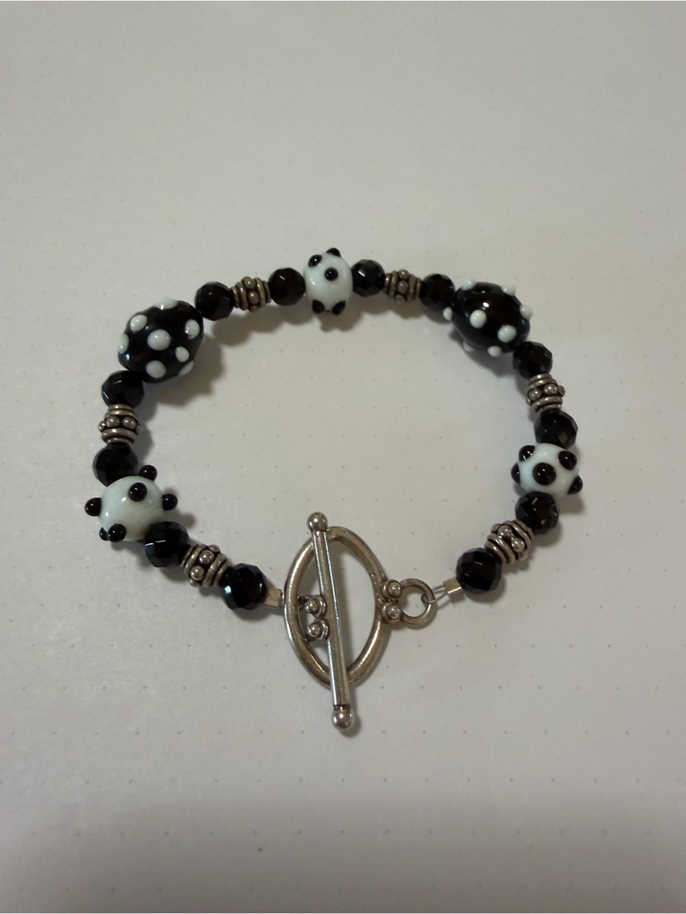 Handmade Black & White Polka Dot Glass Beaded Bracelet